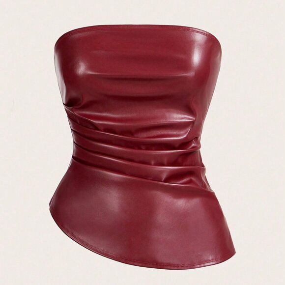 Burgundy Casual Women's Asymmetric Hem faux leather Ruched Tube Top Valentine - Picture 2 of 5